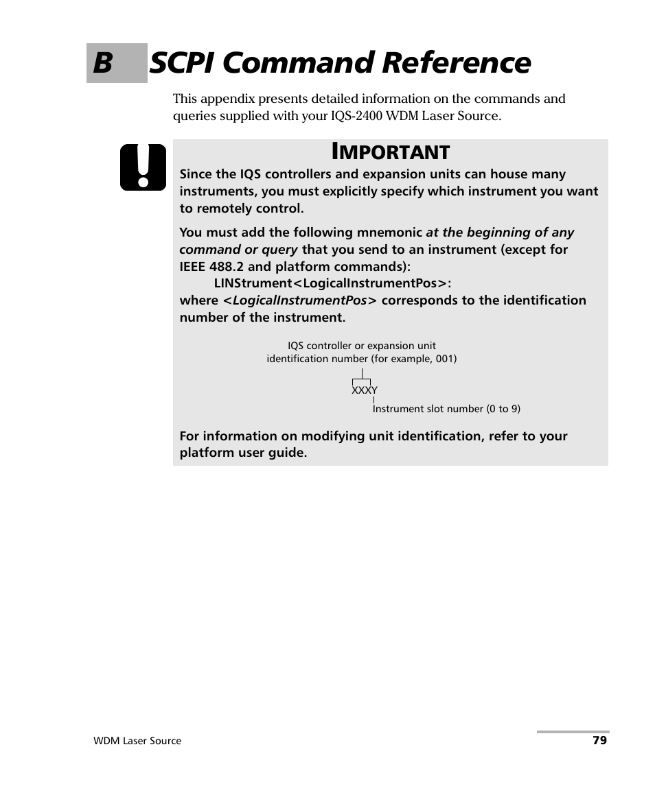 B scpi command reference, Mportant | EXFO IQS-2400 WDM Laser Source for IQS-500/600 User Manual | Page 85 / 194