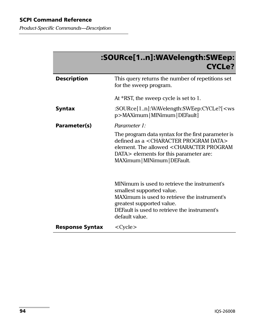 Source[1..n]:wavelength:sweep: cycle | EXFO IQS-2600B Tunable Laser Source for IQS Platforms User Manual | Page 100 / 142