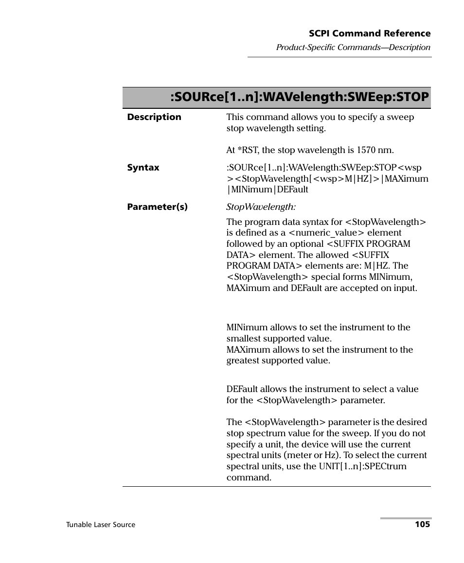 Source[1..n]:wavelength:sweep:stop | EXFO IQS-2600B Tunable Laser Source for IQS Platforms User Manual | Page 111 / 142