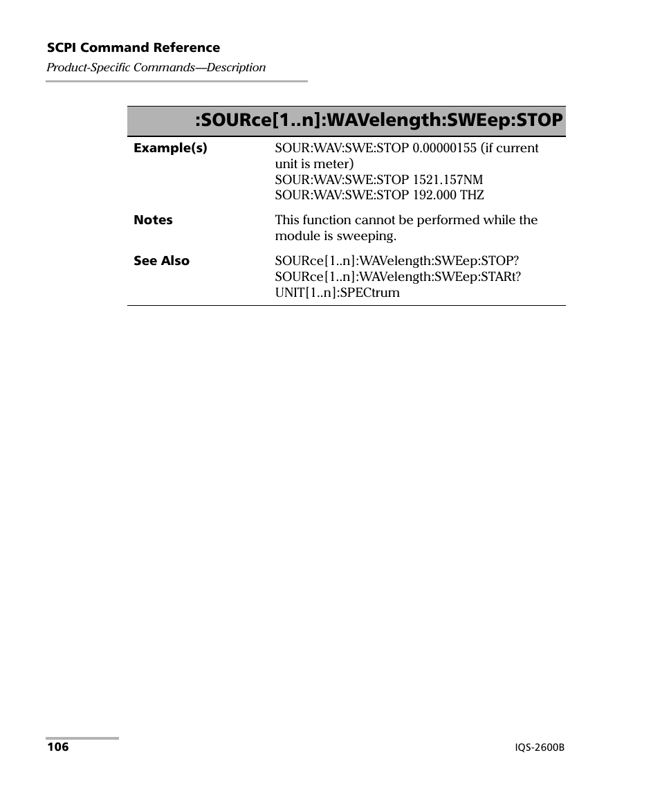 Source[1..n]:wavelength:sweep:stop | EXFO IQS-2600B Tunable Laser Source for IQS Platforms User Manual | Page 112 / 142