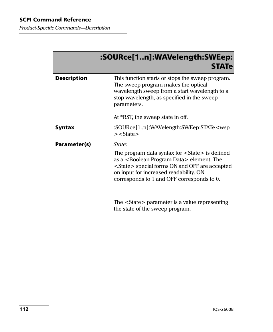 Source[1..n]:wavelength:sweep: state | EXFO IQS-2600B Tunable Laser Source for IQS Platforms User Manual | Page 118 / 142