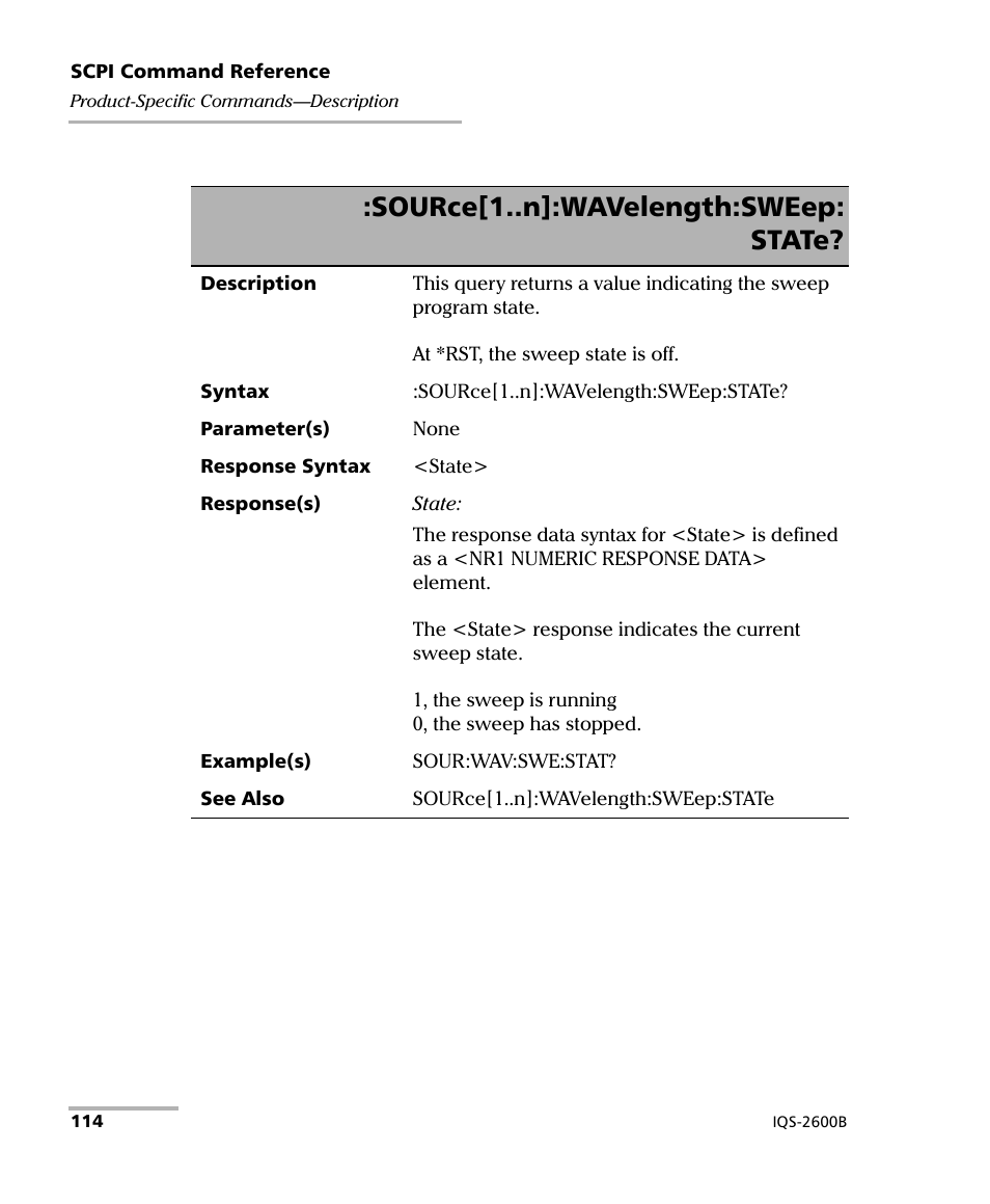 Source[1..n]:wavelength:sweep: state | EXFO IQS-2600B Tunable Laser Source for IQS Platforms User Manual | Page 120 / 142