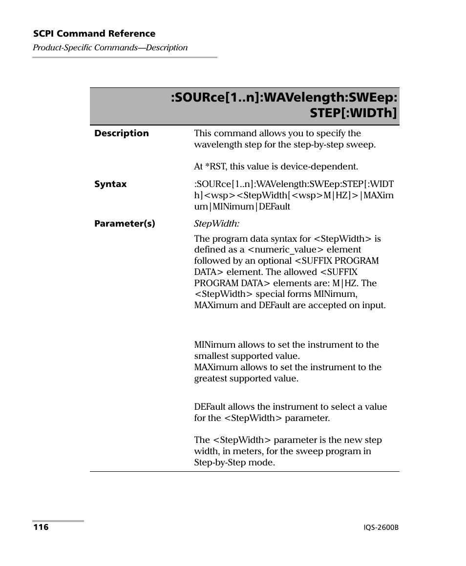Source[1..n]:wavelength:sweep: step[:width | EXFO IQS-2600B Tunable Laser Source for IQS Platforms User Manual | Page 122 / 142
