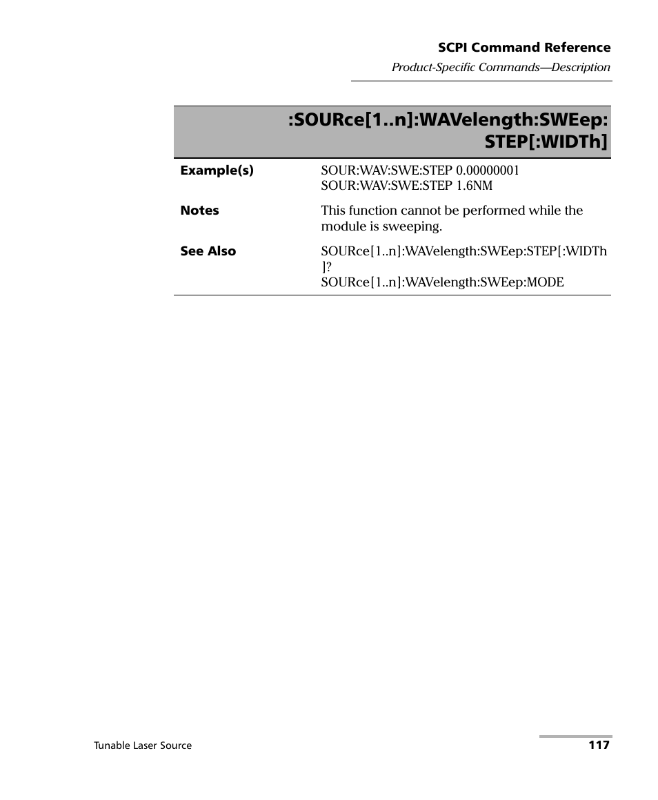 Source[1..n]:wavelength:sweep: step[:width | EXFO IQS-2600B Tunable Laser Source for IQS Platforms User Manual | Page 123 / 142