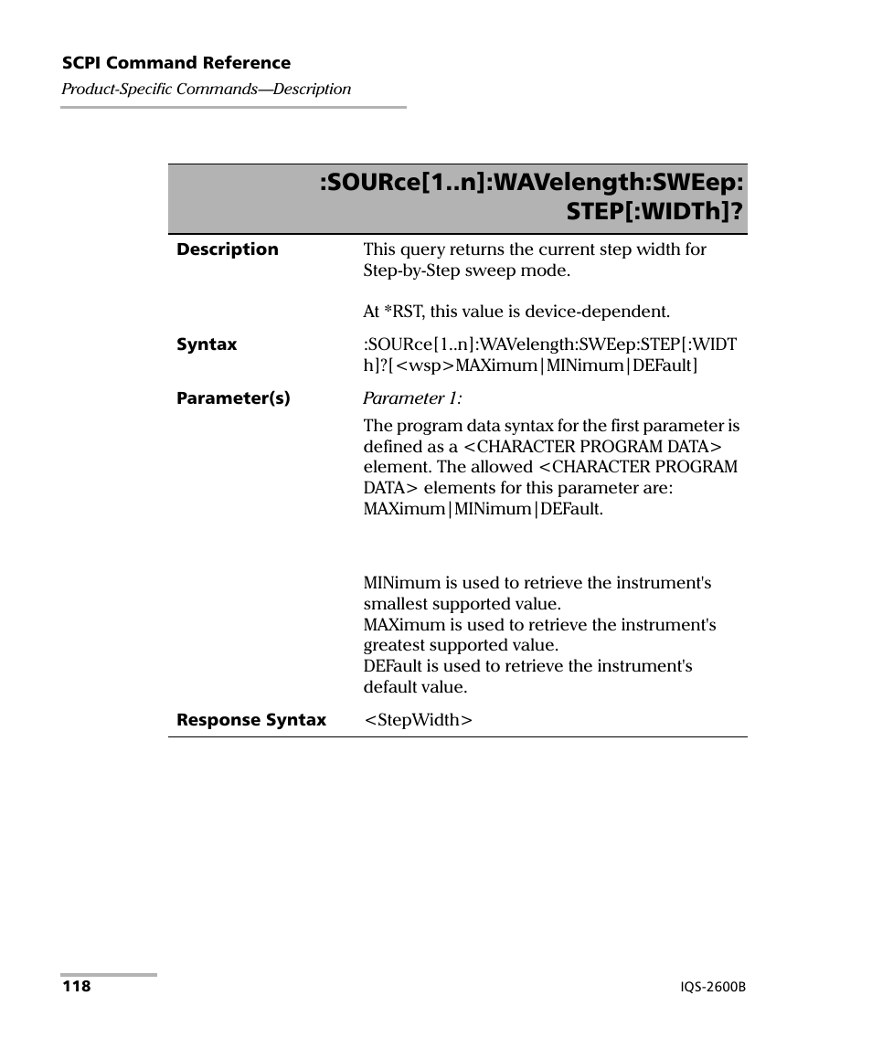Source[1..n]:wavelength:sweep: step[:width | EXFO IQS-2600B Tunable Laser Source for IQS Platforms User Manual | Page 124 / 142