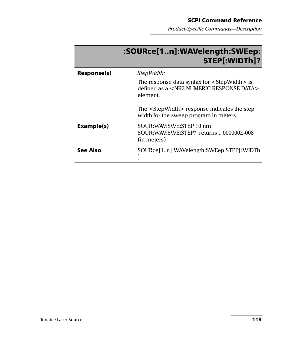 Source[1..n]:wavelength:sweep: step[:width | EXFO IQS-2600B Tunable Laser Source for IQS Platforms User Manual | Page 125 / 142