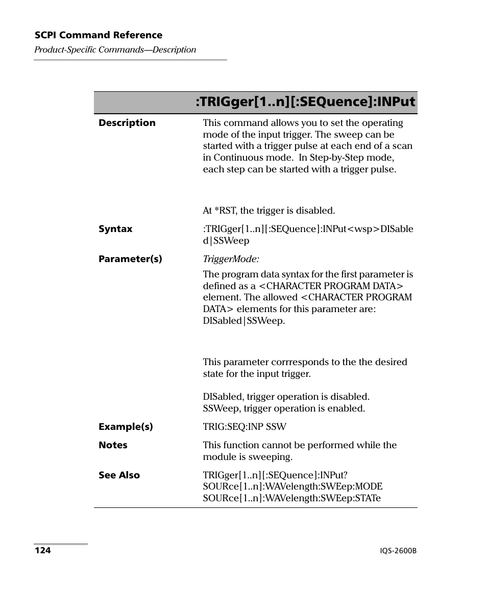 Trigger[1..n][:sequence]:input | EXFO IQS-2600B Tunable Laser Source for IQS Platforms User Manual | Page 130 / 142
