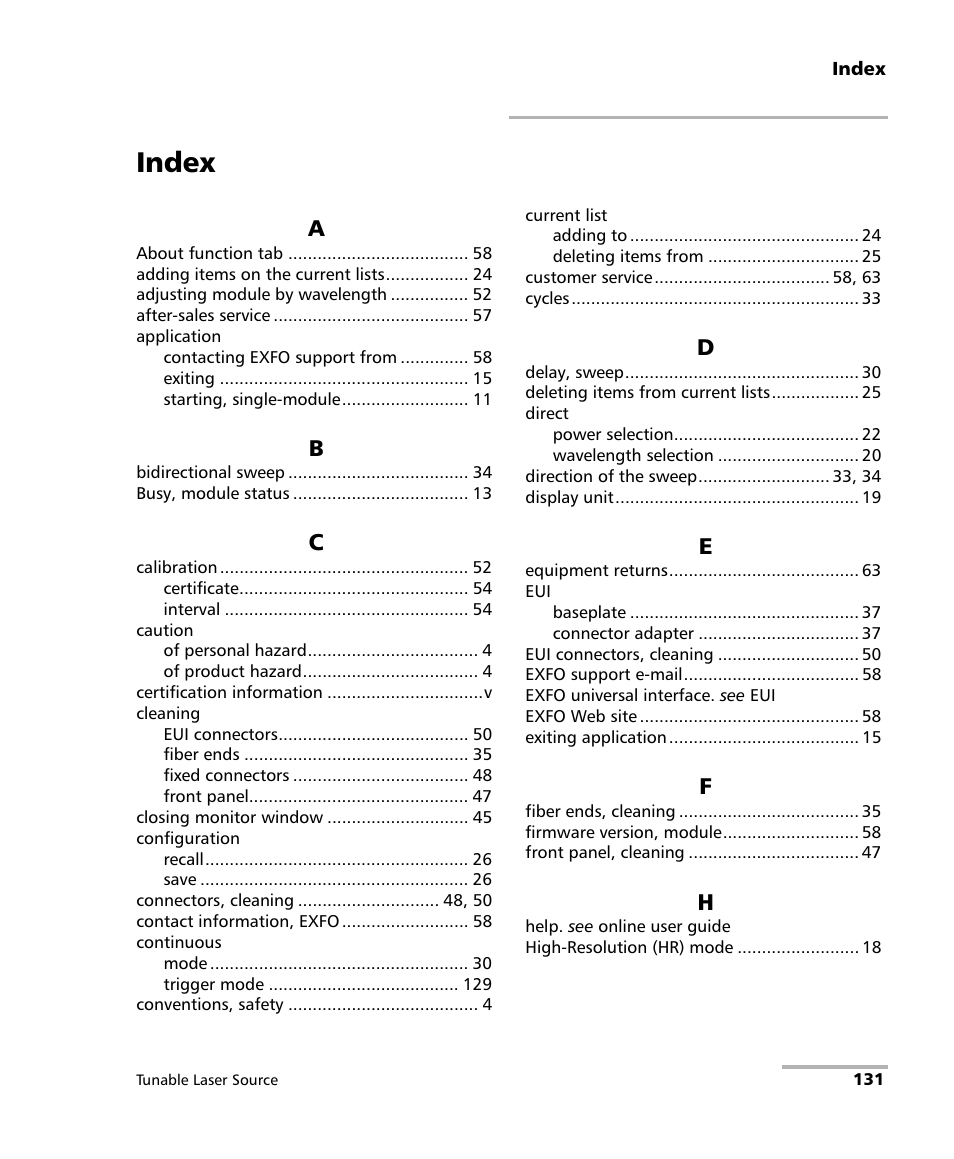 Index | EXFO IQS-2600B Tunable Laser Source for IQS Platforms User Manual | Page 137 / 142
