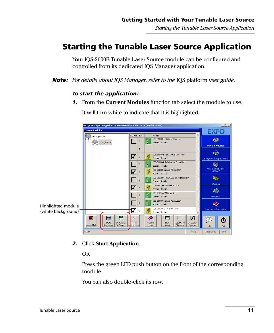 Starting the tunable laser source application | EXFO IQS-2600B Tunable Laser Source for IQS Platforms User Manual | Page 17 / 142