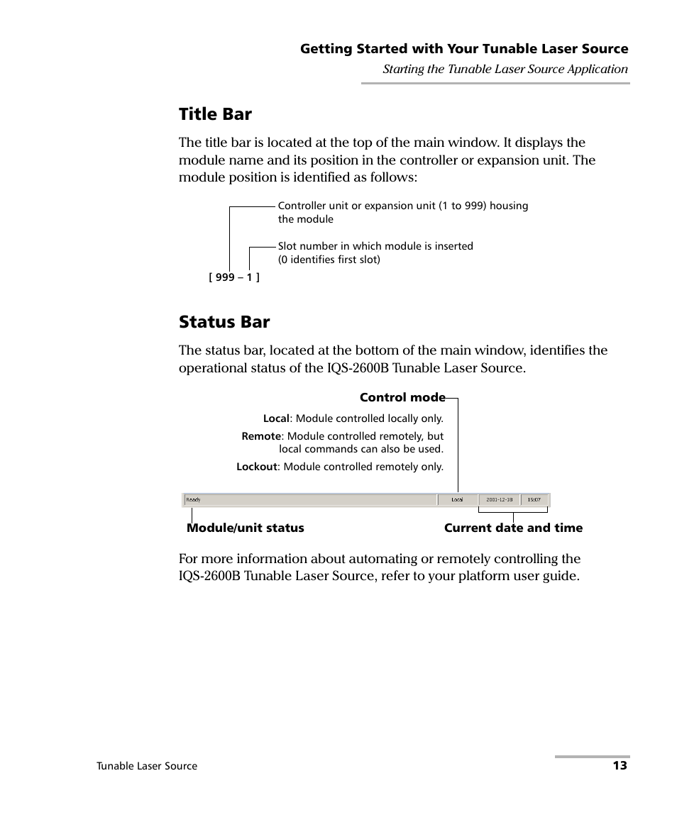 Title bar, Status bar | EXFO IQS-2600B Tunable Laser Source for IQS Platforms User Manual | Page 19 / 142