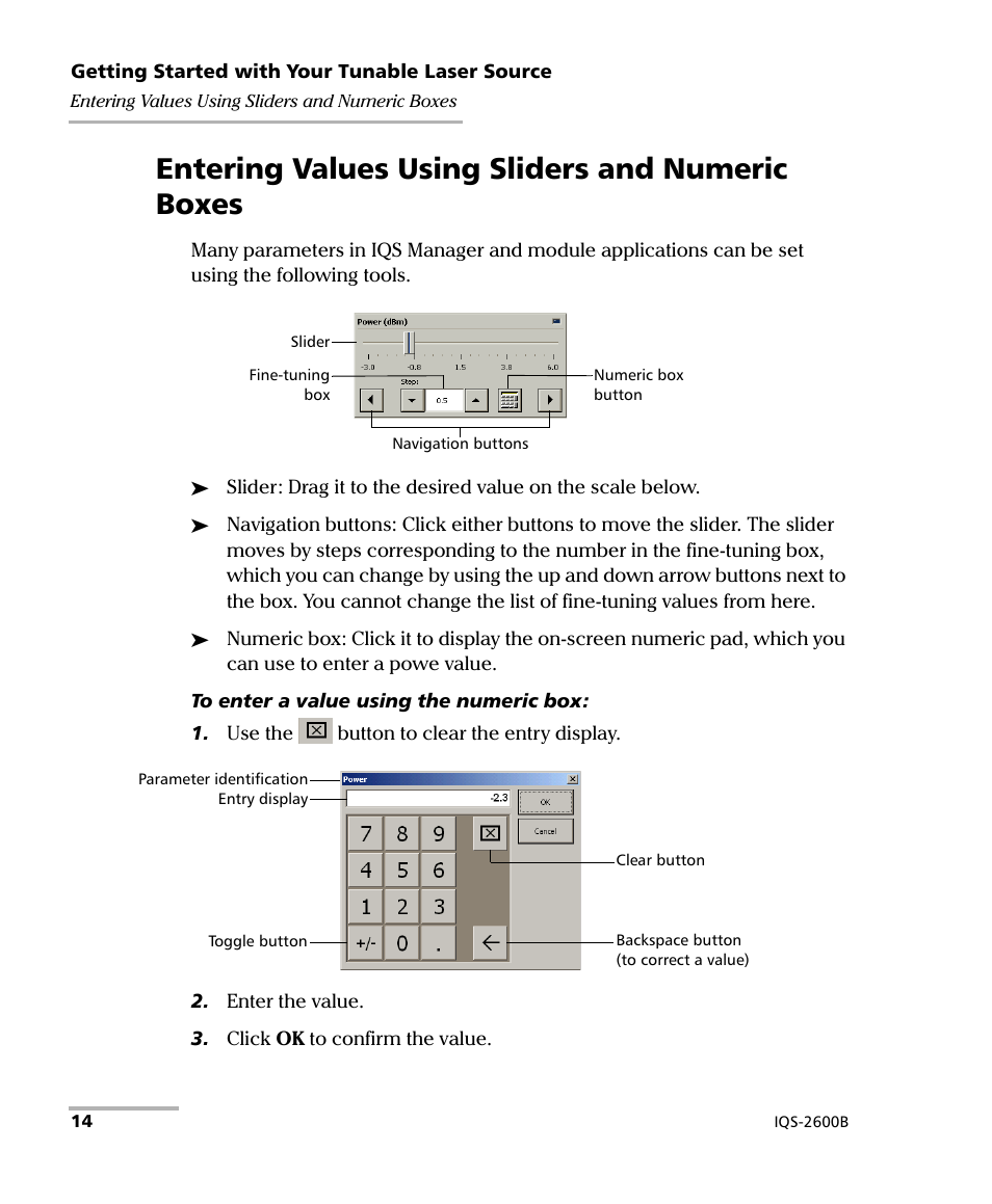 Entering values using sliders and numeric boxes | EXFO IQS-2600B Tunable Laser Source for IQS Platforms User Manual | Page 20 / 142