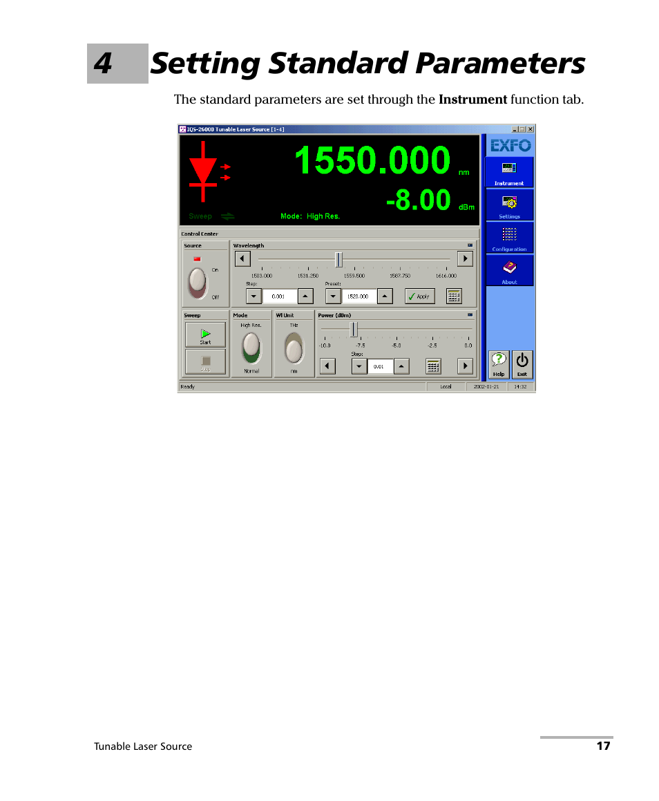 4 setting standard parameters, 4setting standard parameters | EXFO IQS-2600B Tunable Laser Source for IQS Platforms User Manual | Page 23 / 142