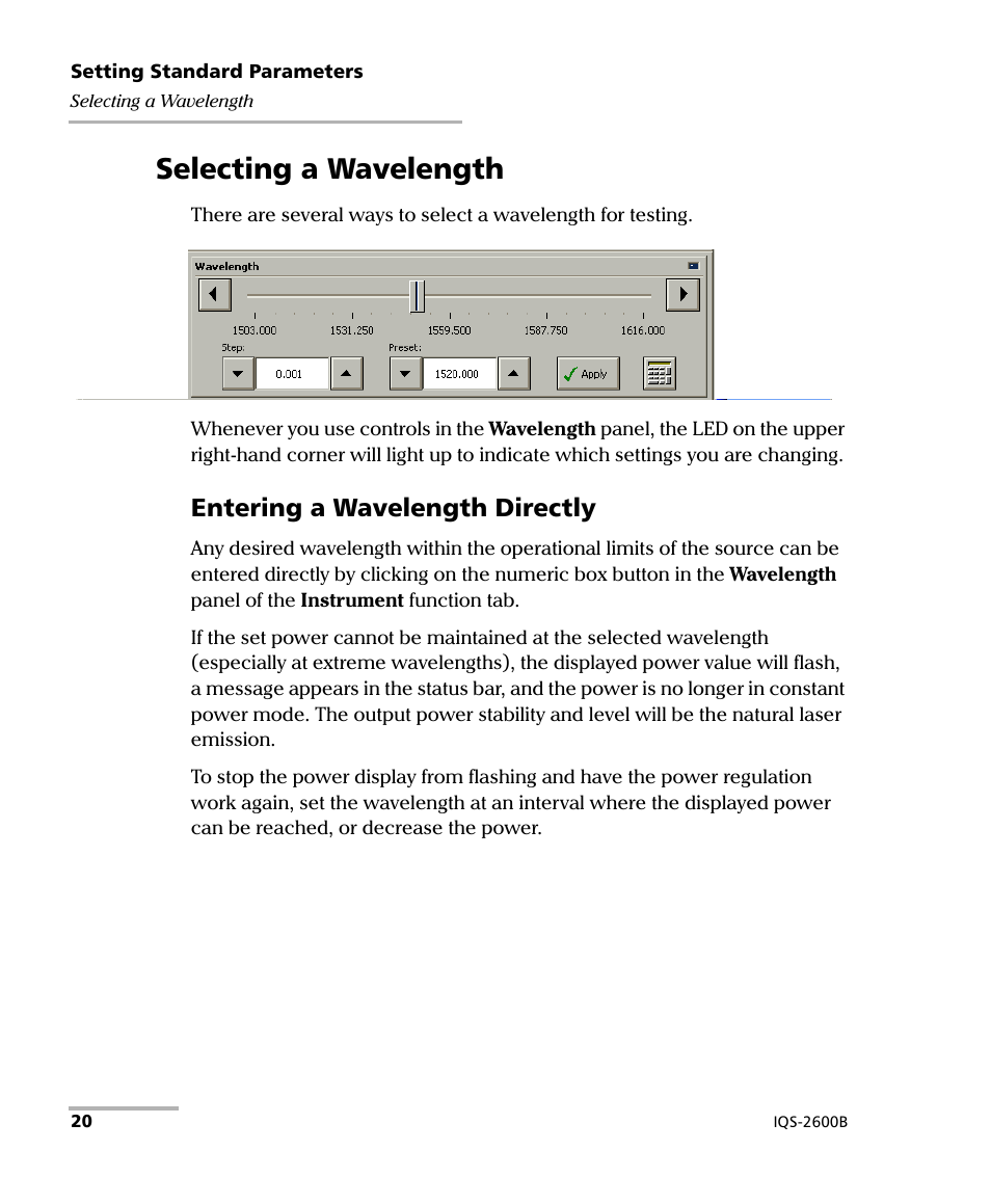 Selecting a wavelength, Entering a wavelength directly | EXFO IQS-2600B Tunable Laser Source for IQS Platforms User Manual | Page 26 / 142