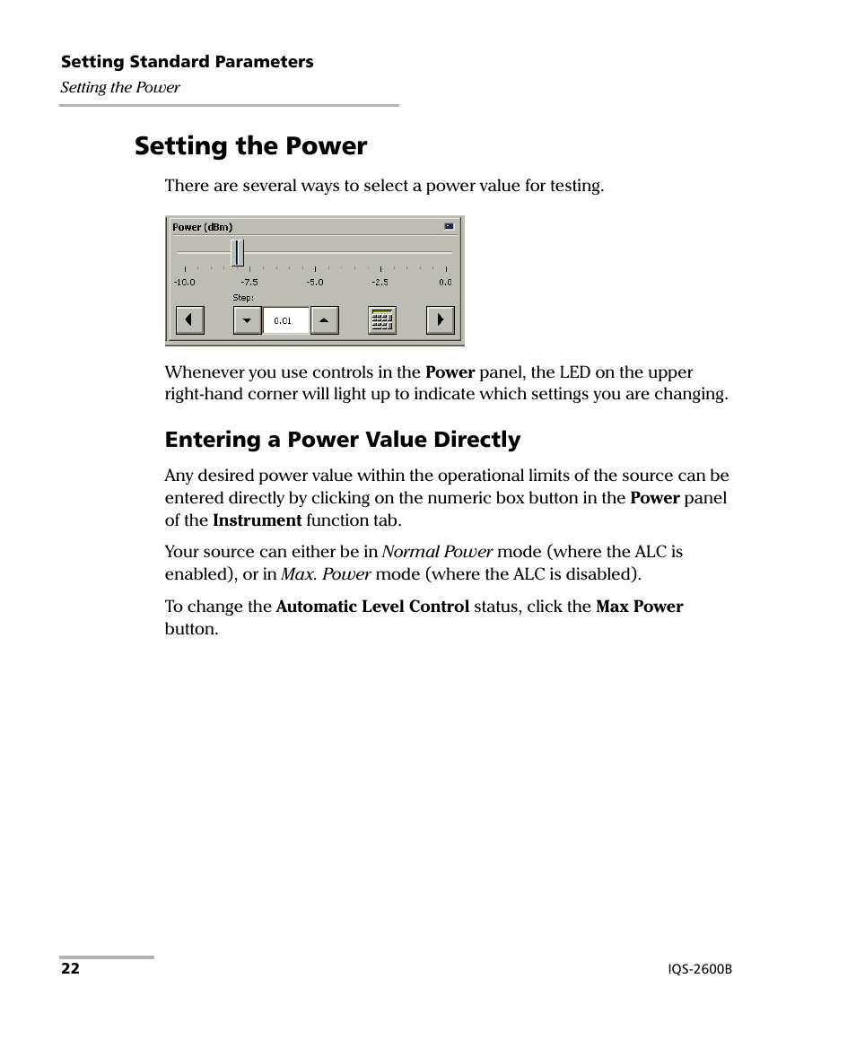 Setting the power, Entering a power value directly | EXFO IQS-2600B Tunable Laser Source for IQS Platforms User Manual | Page 28 / 142