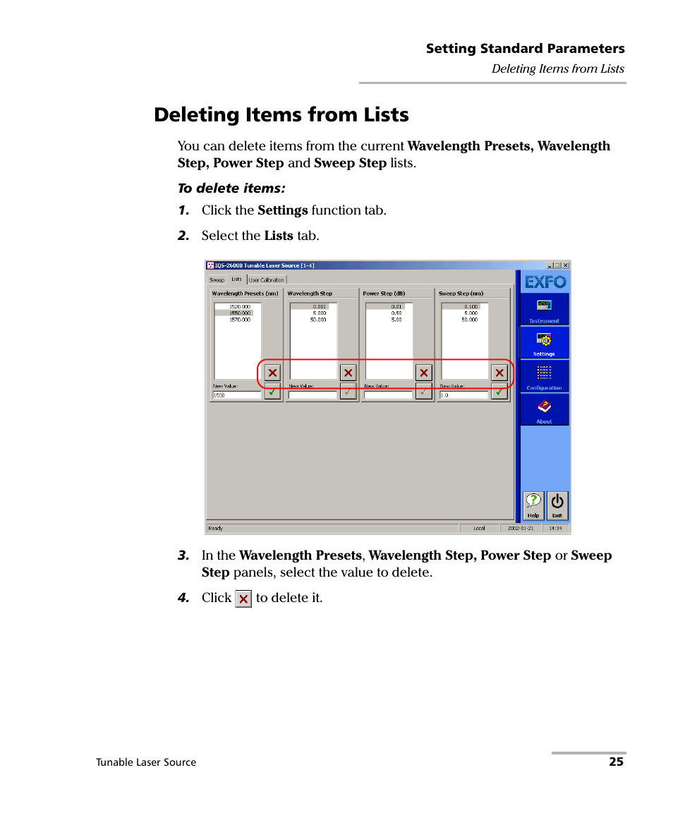 Deleting items from lists | EXFO IQS-2600B Tunable Laser Source for IQS Platforms User Manual | Page 31 / 142