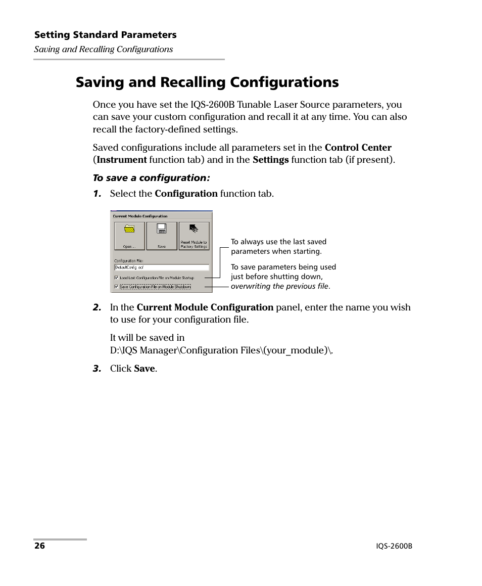Saving and recalling configurations | EXFO IQS-2600B Tunable Laser Source for IQS Platforms User Manual | Page 32 / 142