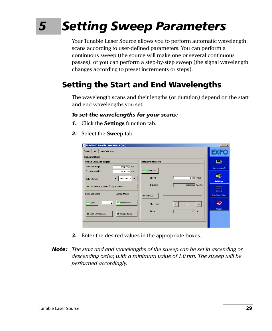 5 setting sweep parameters, Setting the start and end wavelengths, 5setting sweep parameters | EXFO IQS-2600B Tunable Laser Source for IQS Platforms User Manual | Page 35 / 142