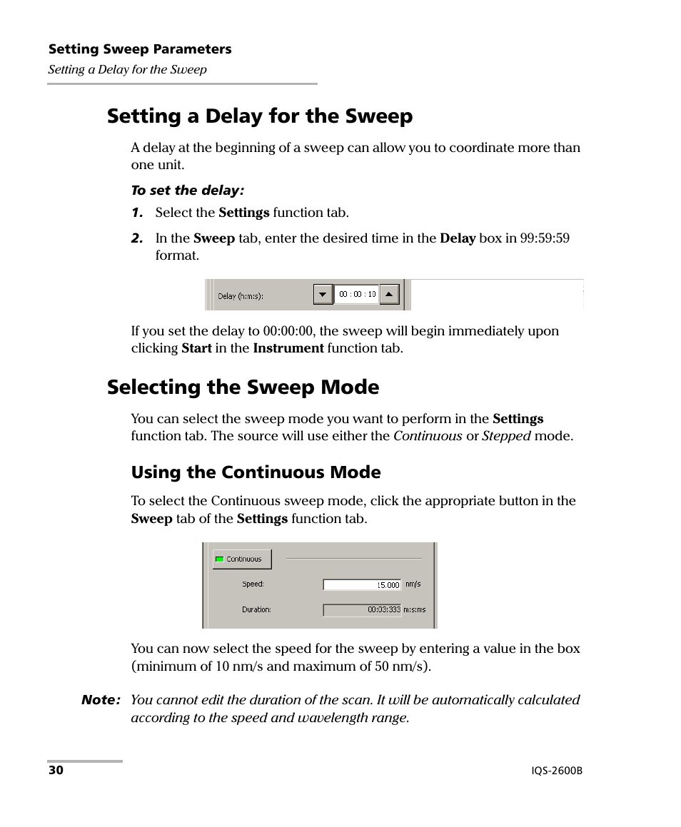 Setting a delay for the sweep, Selecting the sweep mode, Using the continuous mode | EXFO IQS-2600B Tunable Laser Source for IQS Platforms User Manual | Page 36 / 142