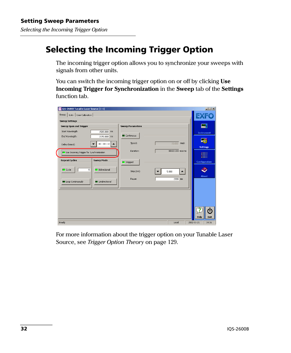 Selecting the incoming trigger option | EXFO IQS-2600B Tunable Laser Source for IQS Platforms User Manual | Page 38 / 142