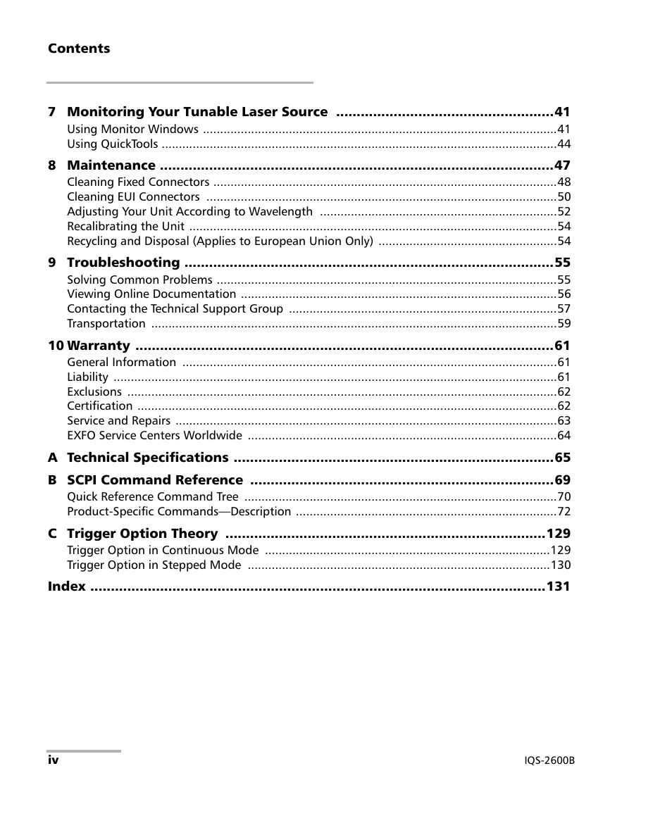 EXFO IQS-2600B Tunable Laser Source for IQS Platforms User Manual | Page 4 / 142