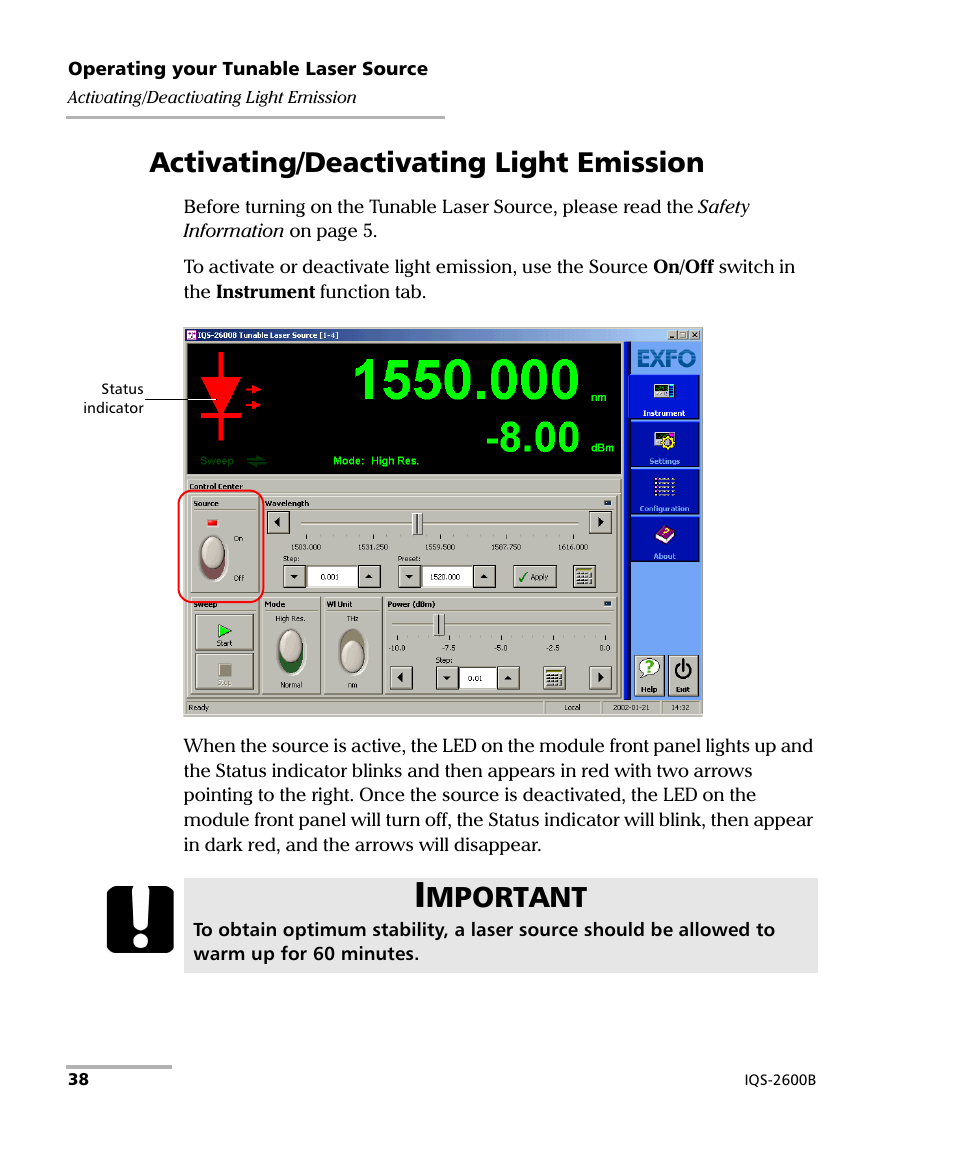 Activating/deactivating light emission, Mportant | EXFO IQS-2600B Tunable Laser Source for IQS Platforms User Manual | Page 44 / 142
