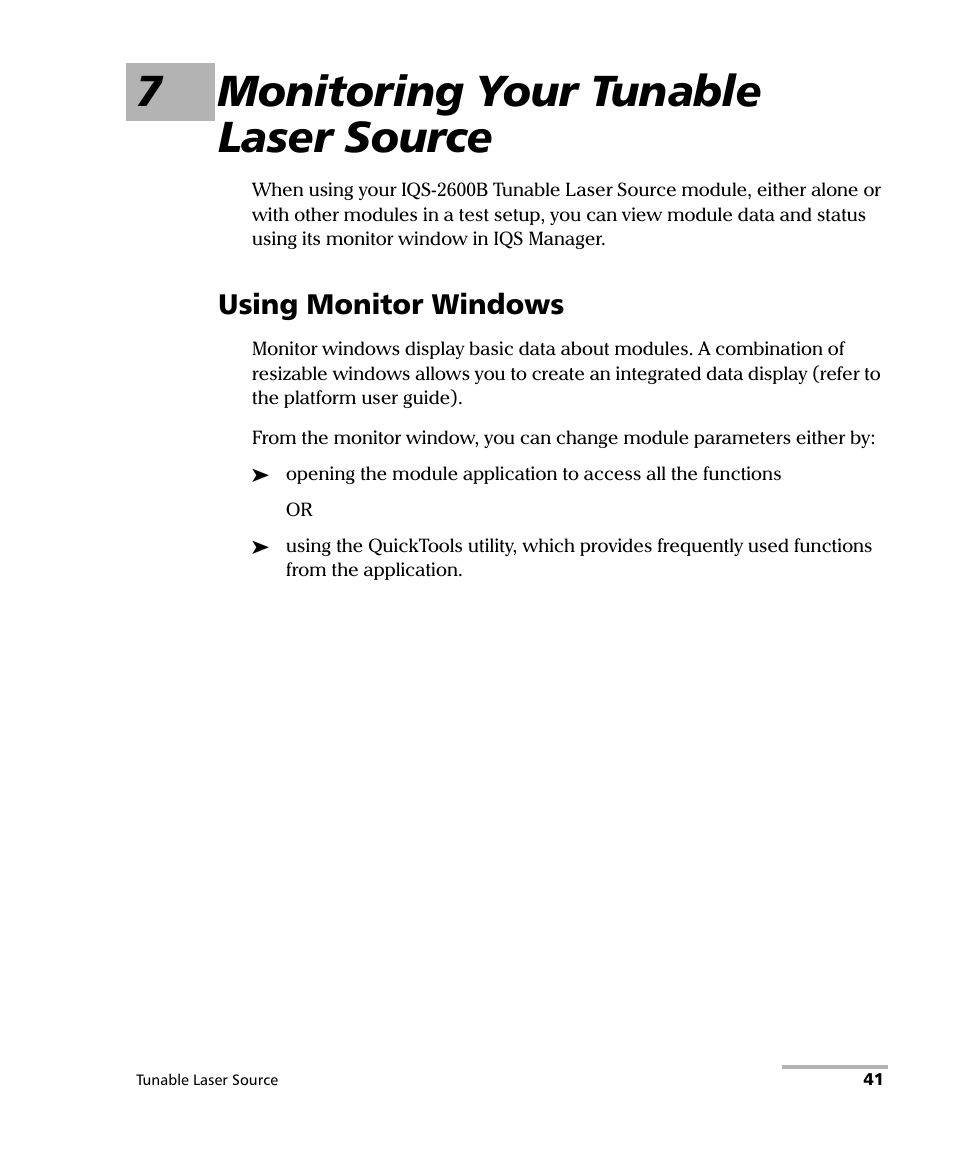7 monitoring your tunable laser source, Using monitor windows, 7monitoring your tunable laser source | EXFO IQS-2600B Tunable Laser Source for IQS Platforms User Manual | Page 47 / 142