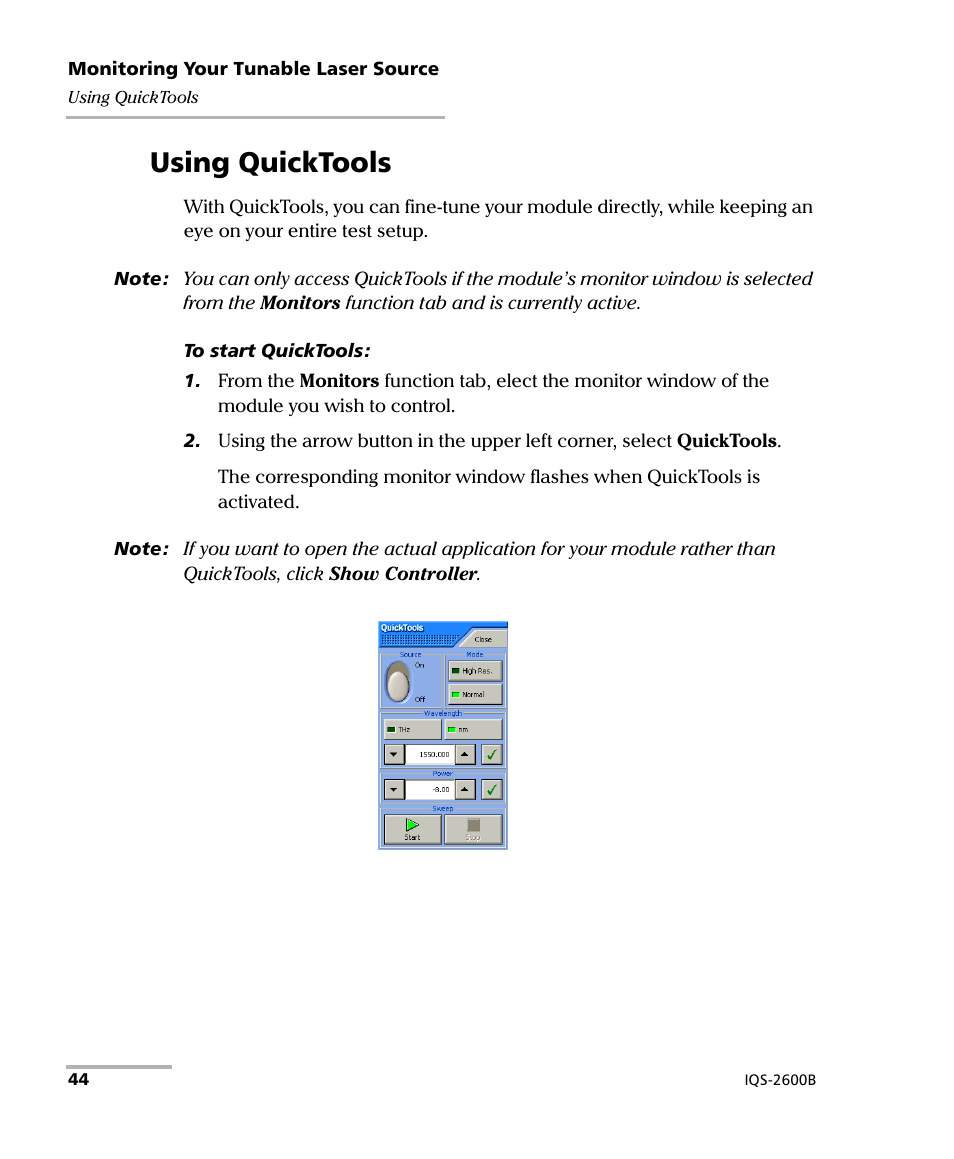 Using quicktools | EXFO IQS-2600B Tunable Laser Source for IQS Platforms User Manual | Page 50 / 142
