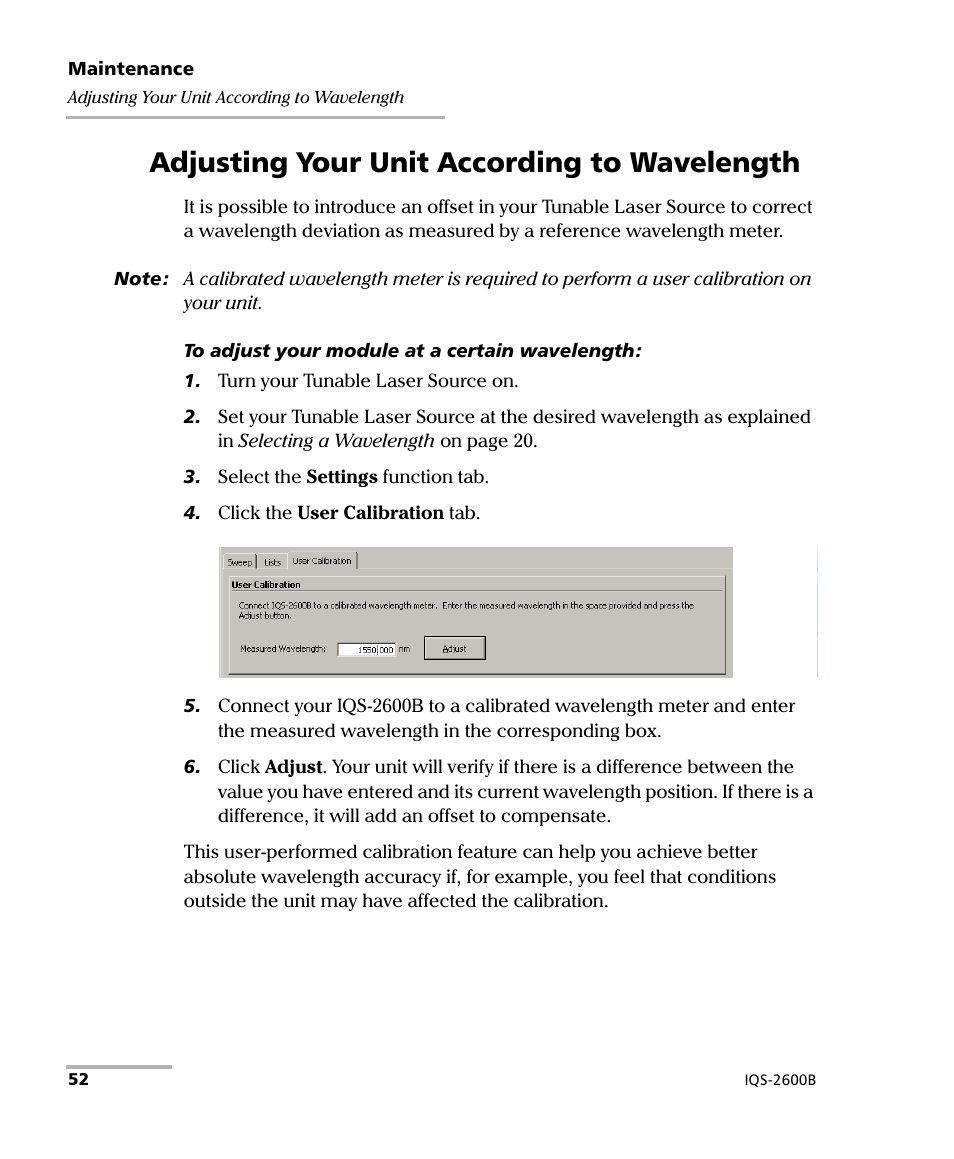 Adjusting your unit according to wavelength | EXFO IQS-2600B Tunable Laser Source for IQS Platforms User Manual | Page 58 / 142
