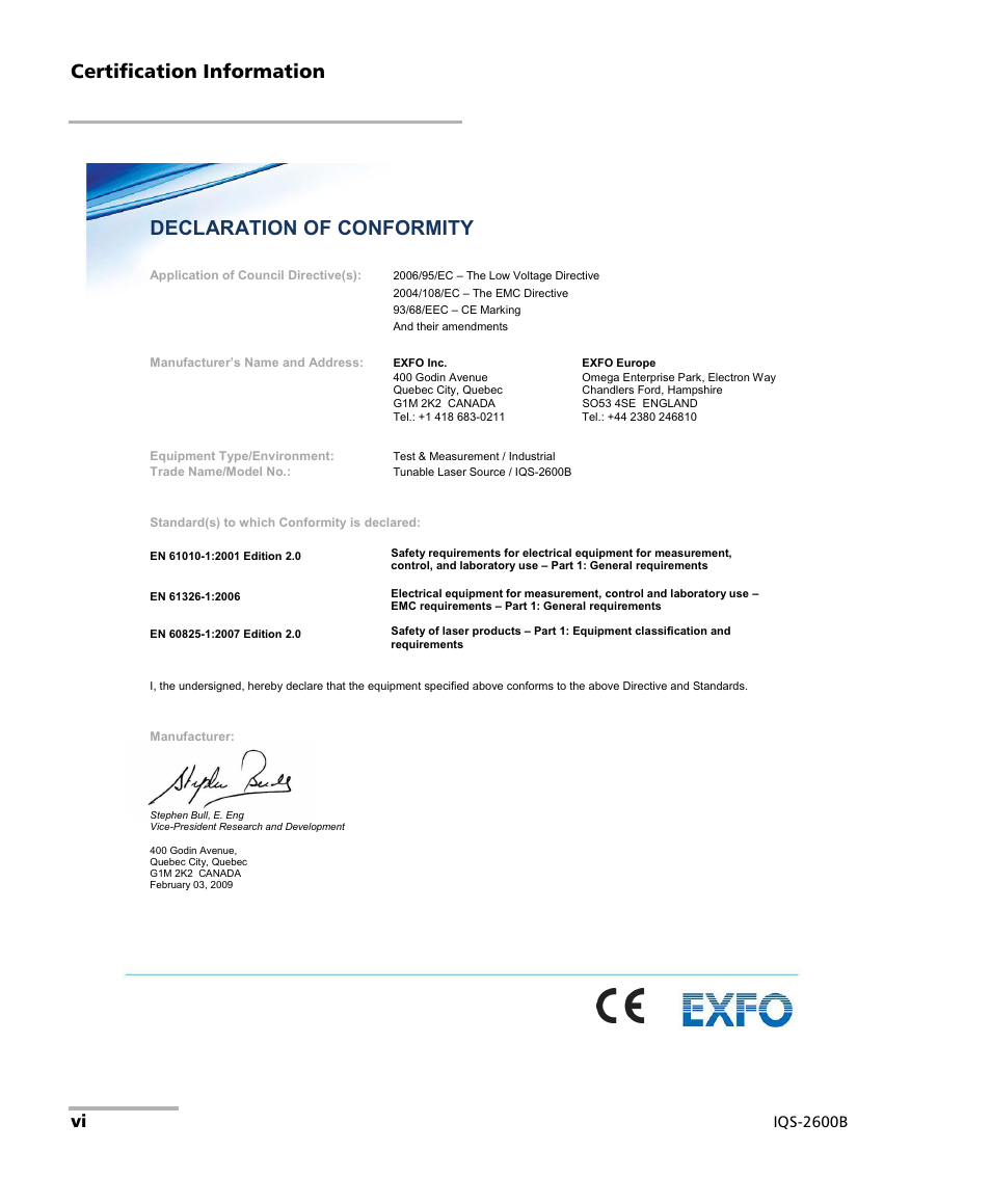 Declaration of conformity, Certification information | EXFO IQS-2600B Tunable Laser Source for IQS Platforms User Manual | Page 6 / 142