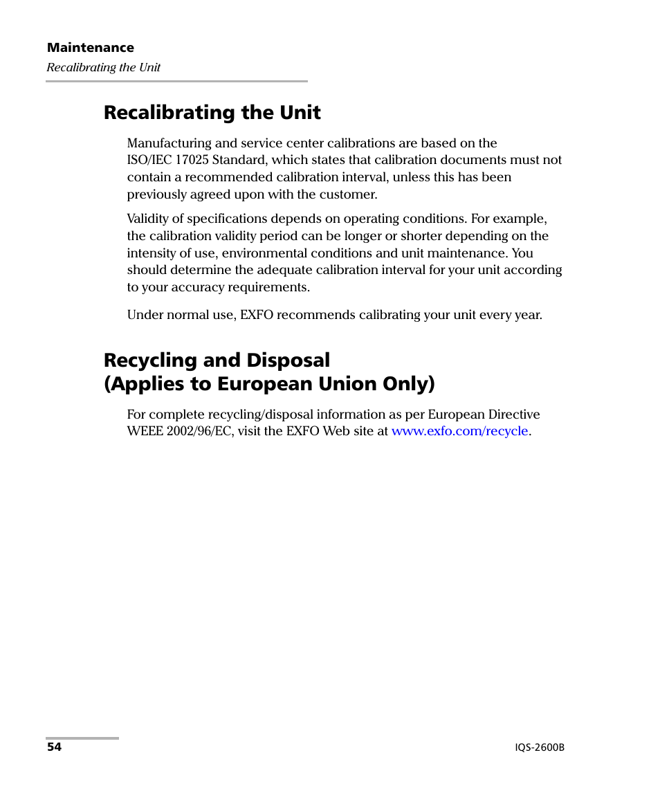 Recalibrating the unit | EXFO IQS-2600B Tunable Laser Source for IQS Platforms User Manual | Page 60 / 142