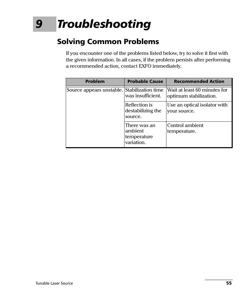 9 troubleshooting, Solving common problems, 9troubleshooting | EXFO IQS-2600B Tunable Laser Source for IQS Platforms User Manual | Page 61 / 142