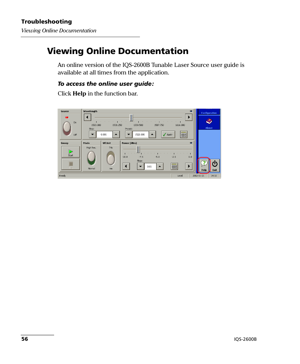 Viewing online documentation | EXFO IQS-2600B Tunable Laser Source for IQS Platforms User Manual | Page 62 / 142