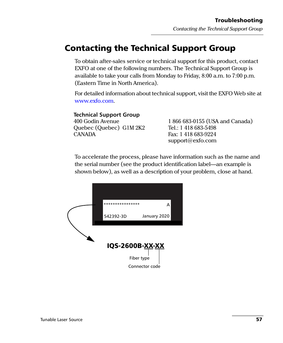 Contacting the technical support group, Iqs-2600b-xx-xx | EXFO IQS-2600B Tunable Laser Source for IQS Platforms User Manual | Page 63 / 142