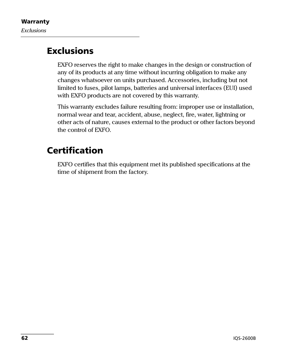 Exclusions, Certification, Exclusions certification | EXFO IQS-2600B Tunable Laser Source for IQS Platforms User Manual | Page 68 / 142