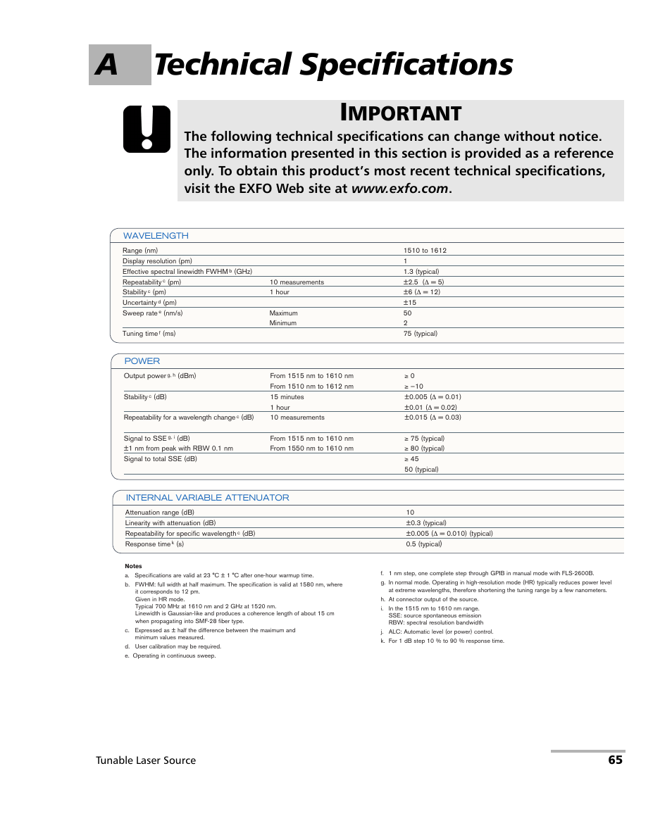 A technical specifications, Mportant, Tunable laser source | EXFO IQS-2600B Tunable Laser Source for IQS Platforms User Manual | Page 71 / 142