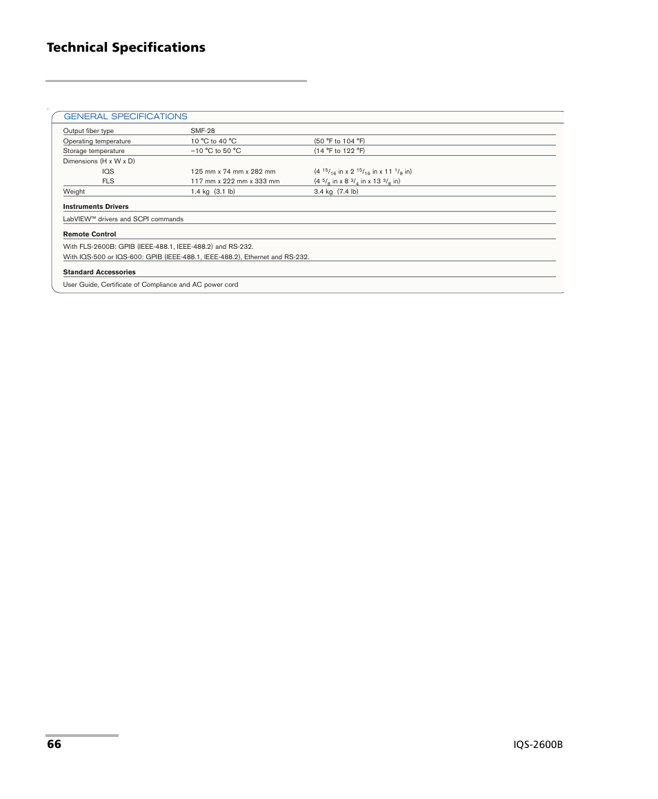 Technical specifications, Iqs-2600b | EXFO IQS-2600B Tunable Laser Source for IQS Platforms User Manual | Page 72 / 142