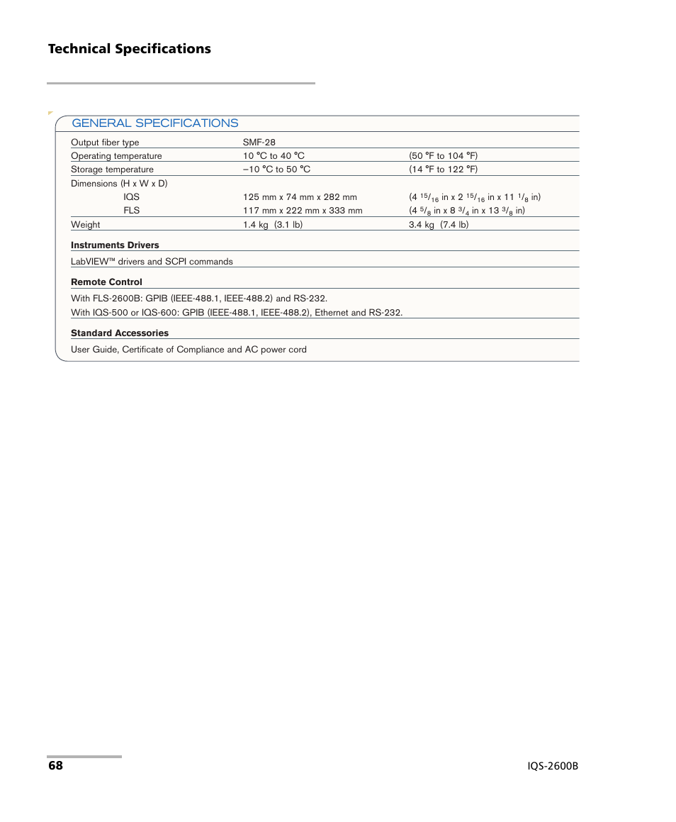 Technical specifications, General specifications | EXFO IQS-2600B Tunable Laser Source for IQS Platforms User Manual | Page 74 / 142