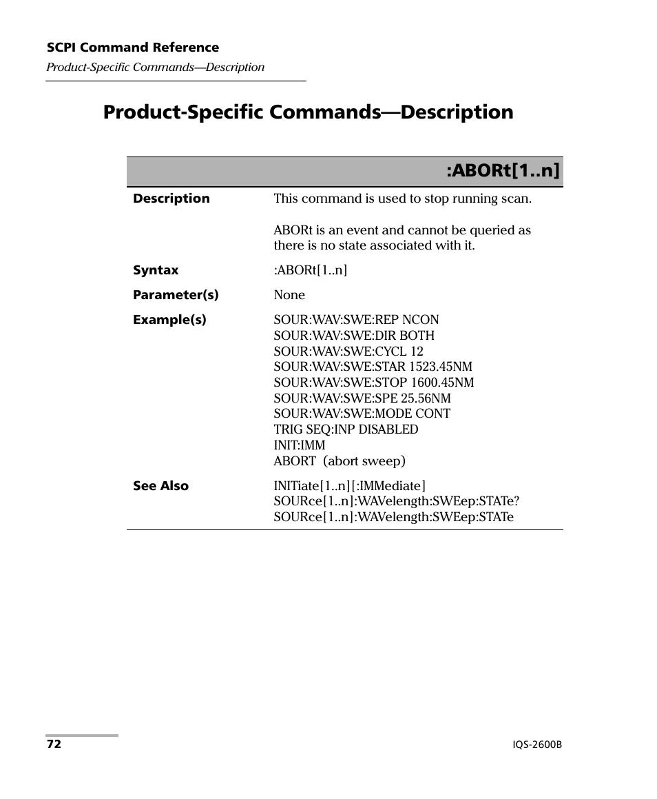 Product-specific commands-description, Product-specific commands—description, Abort[1..n | EXFO IQS-2600B Tunable Laser Source for IQS Platforms User Manual | Page 78 / 142