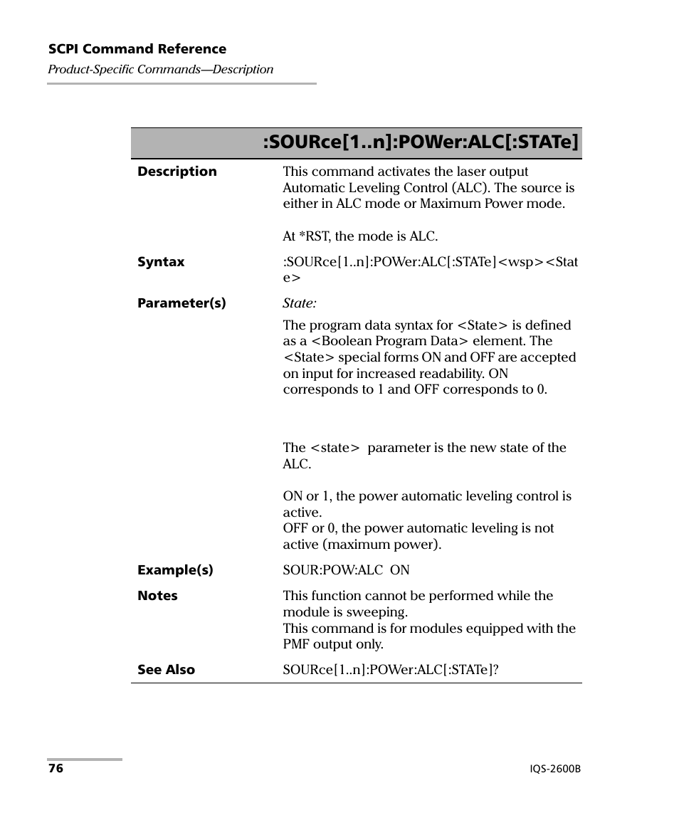 Source[1..n]:power:alc[:state | EXFO IQS-2600B Tunable Laser Source for IQS Platforms User Manual | Page 82 / 142