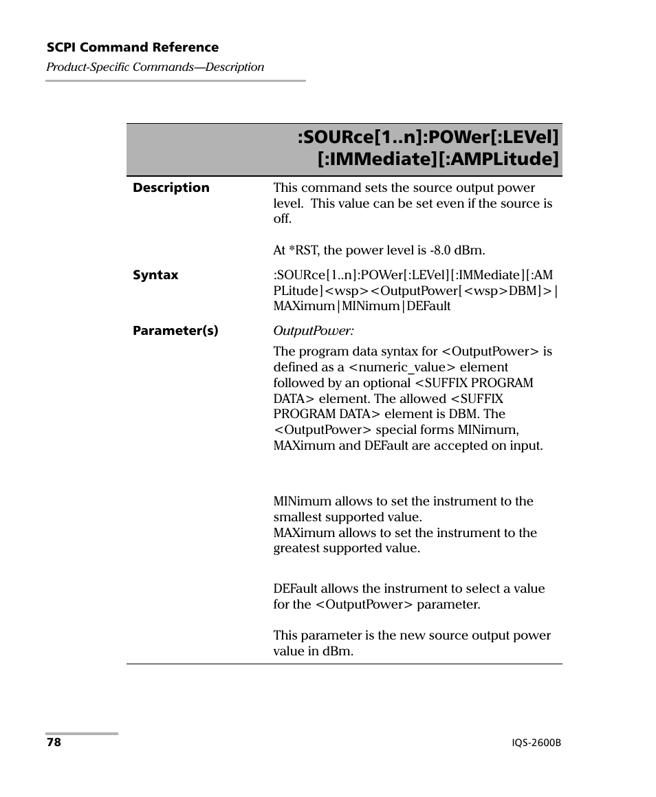 Source[1..n]:power[:level] [:immediate][:amplitude | EXFO IQS-2600B Tunable Laser Source for IQS Platforms User Manual | Page 84 / 142