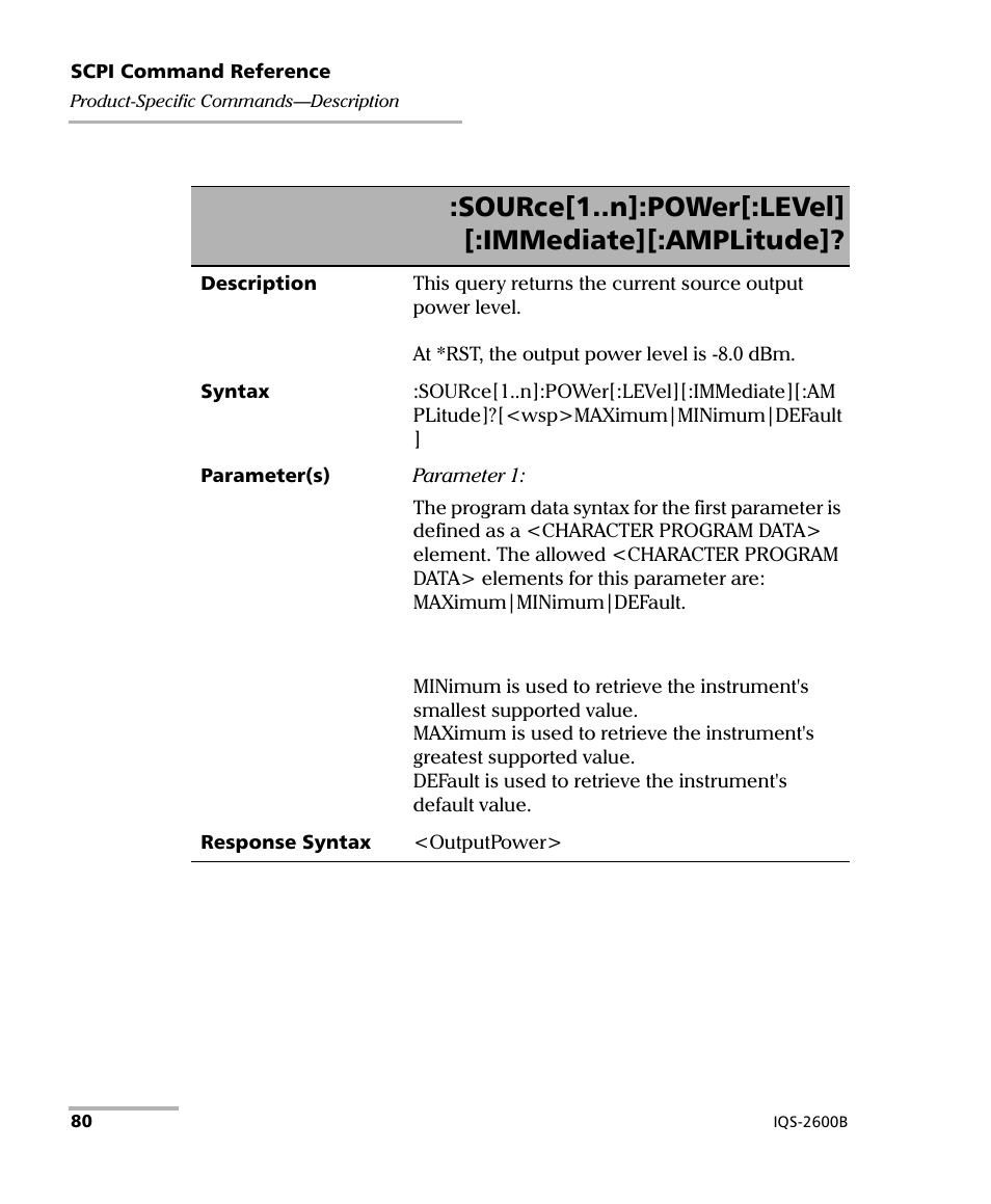 Source[1..n]:power[:level] [:immediate][:amplitude | EXFO IQS-2600B Tunable Laser Source for IQS Platforms User Manual | Page 86 / 142