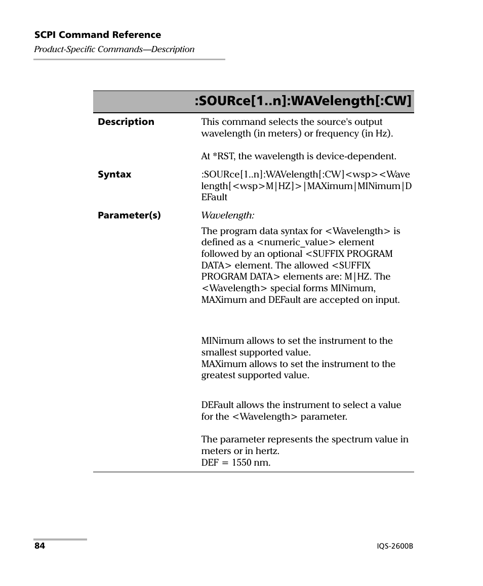 Source[1..n]:wavelength[:cw | EXFO IQS-2600B Tunable Laser Source for IQS Platforms User Manual | Page 90 / 142