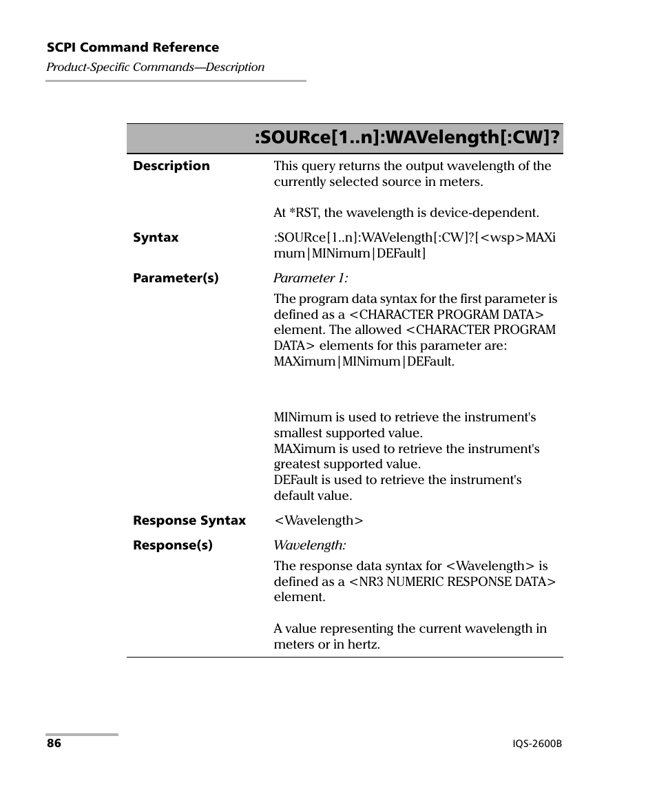 Source[1..n]:wavelength[:cw | EXFO IQS-2600B Tunable Laser Source for IQS Platforms User Manual | Page 92 / 142