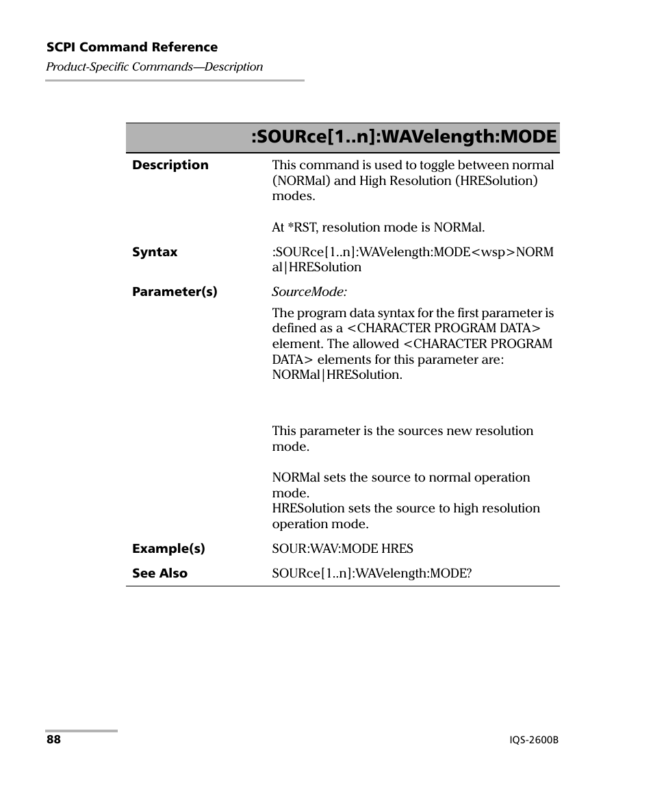 Source[1..n]:wavelength:mode | EXFO IQS-2600B Tunable Laser Source for IQS Platforms User Manual | Page 94 / 142