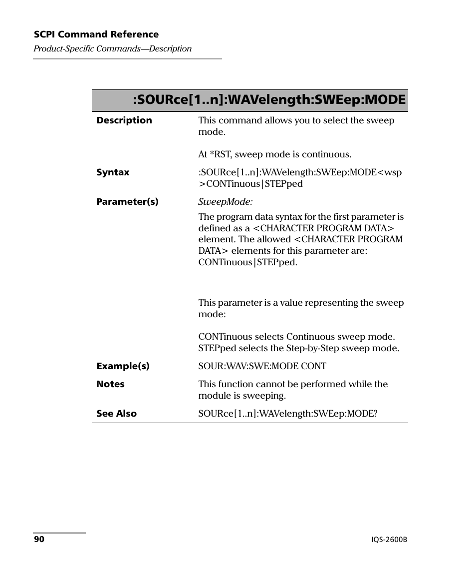 Source[1..n]:wavelength:sweep:mode | EXFO IQS-2600B Tunable Laser Source for IQS Platforms User Manual | Page 96 / 142