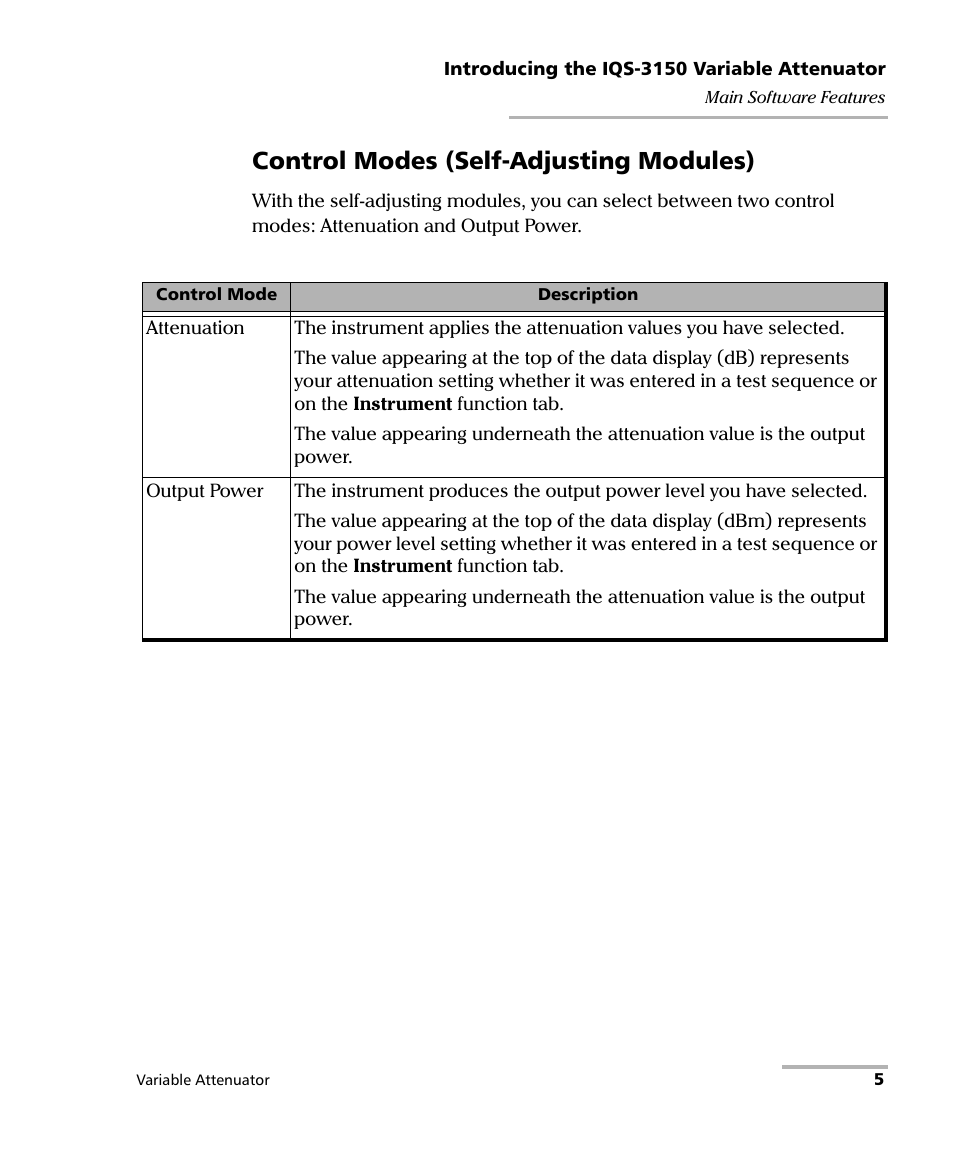 Control modes (self-adjusting modules) | EXFO IQS-3150 Variable Attenuator for IQS-500/600 User Manual | Page 11 / 161