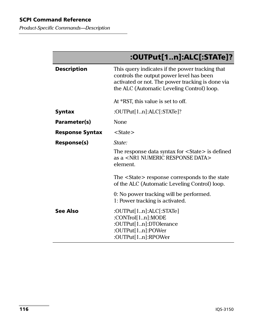 Output[1..n]:alc[:state | EXFO IQS-3150 Variable Attenuator for IQS-500/600 User Manual | Page 122 / 161