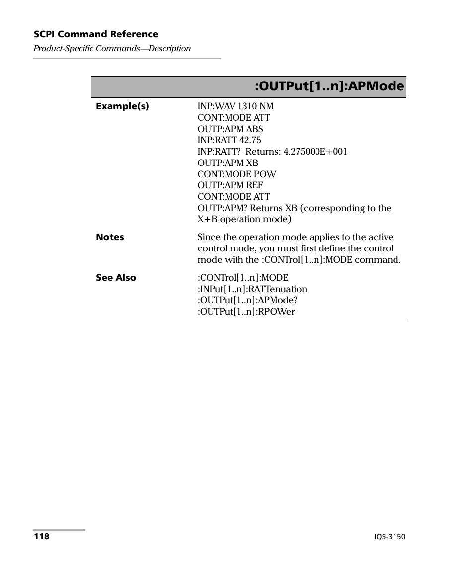 Output[1..n]:apmode | EXFO IQS-3150 Variable Attenuator for IQS-500/600 User Manual | Page 124 / 161