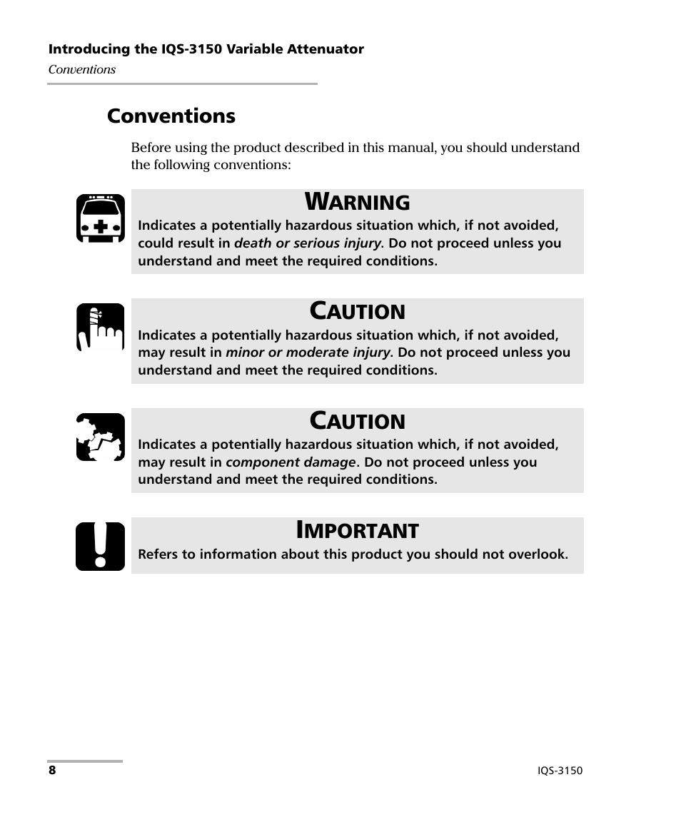 Conventions, Arning, Aution | Mportant | EXFO IQS-3150 Variable Attenuator for IQS-500/600 User Manual | Page 14 / 161