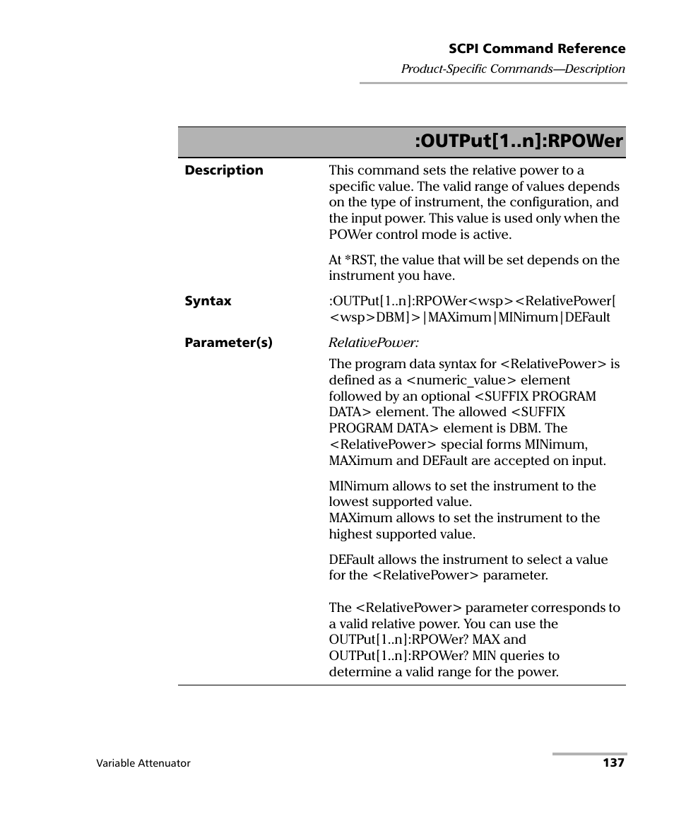 Output[1..n]:rpower | EXFO IQS-3150 Variable Attenuator for IQS-500/600 User Manual | Page 143 / 161